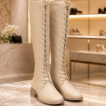 Ivory Beige Knee-High Lace-Up Riding Boots