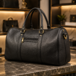 Premium Black Textured Leather-Look Duffle Travel Bag