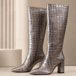Metallic Silver Croc-Embossed Knee-High Block Heel Boots