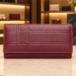 Women’s Maroon Textured Long Wallet with Zip Pocket