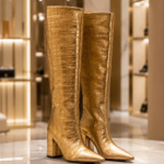 Metallic Gold Croc-Embossed Knee-High Block Heel Boots